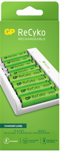 GP Batteries ReCyko E811 - AA/AAA NiMH Battery Charger with 8 Batteries - USB