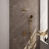 Brauer Gold Carving Thermostatische Regendoucheset Inbouw - Hoofddouche 20 cm - Gebogen Wandarm - 3 Weg - Handdouche 3 Standen - Doucheslang - Geintegreerde Glijstang - Geborsteld Goud