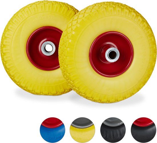 Relaxdays Steekwagenwiel Set van 2 Stuks - Rubberband - Bolderkar - 150 kg - Geel-rood