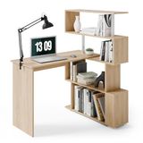 Mondeer Computertafel, L-vormig, hoekbureau, met 360 graden draaibare boekenkast voor werkkamer, woonkamer, kantoor, 157 x 45 x 130,5 cm, eiken
