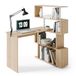 Mondeer Computertafel, L-vormig, hoekbureau, met 360 graden draaibare boekenkast voor werkkamer, woonkamer, kantoor, 157 x 45 x 130,5 cm, eiken