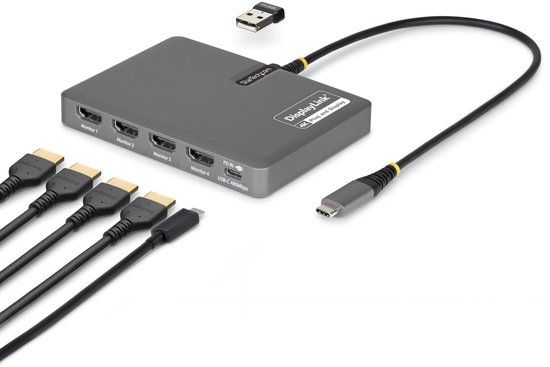 StarTech.com USB-C naar Quad-Monitor Adapter, 4K 60Hz HDMI, 140W PD Passthrough voor Laptop Opladen, USB Poort voor Wireless Toetsenbord / Muis, TAA