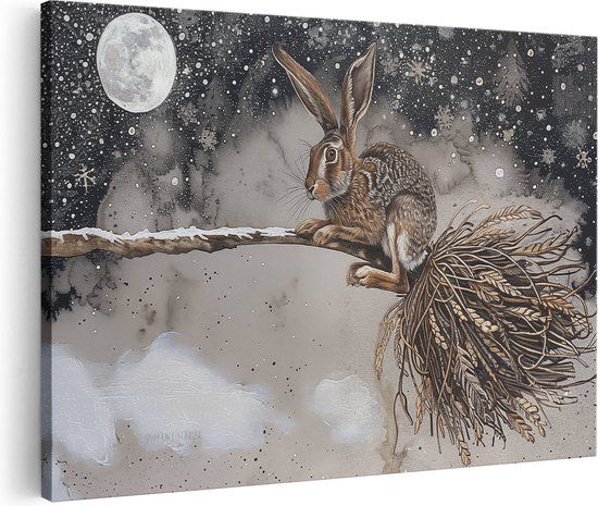 Artaza Canvas Schilderij Haas met een Bezem in de Sneeuw - 90x60 cm - Canvas Print
