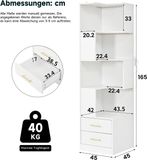 STILVORA Hoekkast - LED Verlichting Met 2 Lades En 4 Open Vakken - Voor Woonkamer En Slaapkamer - Spaanplaat - Wit - 165x45x45 Cm