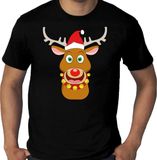 Bellatio Decorations Fout Kerst t-shirt - Rudolf het rendier met kerstmuts - zwart voor heren - plus size kerstkleding / kerst outfit XXXXL