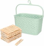 Merkloos / Sans marque Plastic Forte Wasknijpers mandje met ophanghaak - groen - gevuld met 100x houten wasknijpers van 7 cm