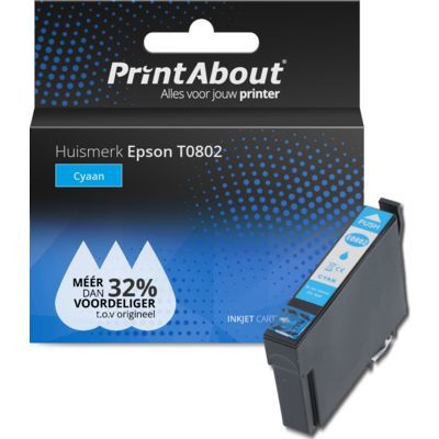 PrintAbout Huismerk T0802 Cyaan Inktcartridge | Compatibel met Epson