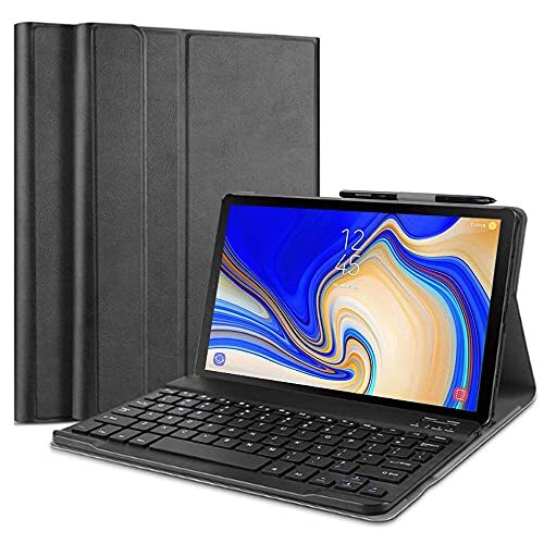 QYiiD Toetsenbord Case voor Galaxy Tab A 10.5 (SM-T590 / T595 / T597), Folio PU lederen hoes met magnetisch afneembaar draadloos toetsenbord (QWERTY) voor Galaxy Tab A 10.5 (2018 release), Zwart