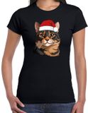 Bellatio Decorations Dames Kerst T-shirt - Bruine Kat met Kerstmuts - Zwart - Maat XL