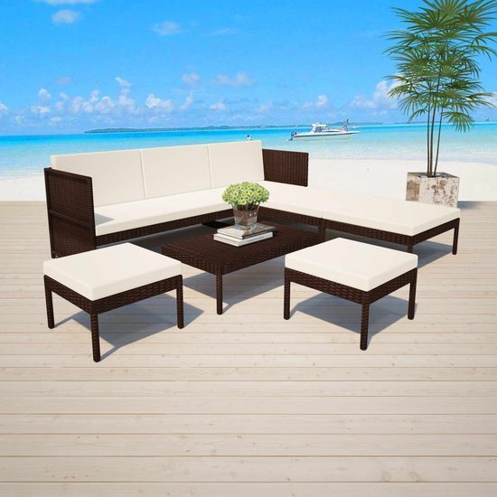 The Living Store Loungeset Rattan - 3-zitsbank + salontafel + hockers - Bruin - PE-rattan