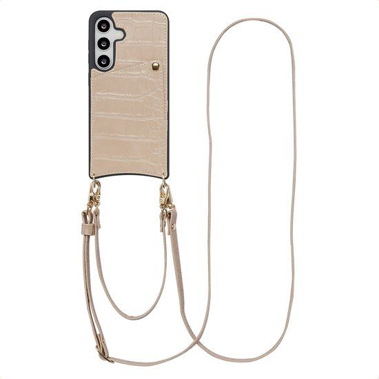 Selencia Hoesje - Geschikt voor Samsung Galaxy S24 / S25 - Croco Backcover met koord en pashouder - Beige