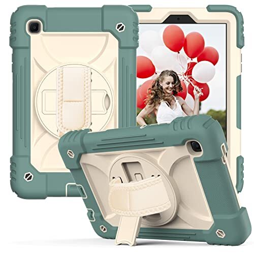 Edikesy Hoes voor Samsung Galaxy Tab A7 Lite 8.7 2021, stootvaste beschermhoes met penhouder - 360° draaibare standaard schouderriem (donkergroen)