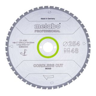 Metabo-zaagblad "cordless cut wood - professional", 254x2,2/1,6x30 Z48 WZ 5°neg Aantal:1