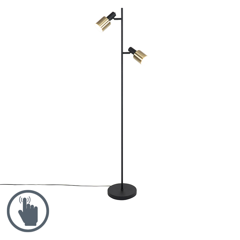 QAZQA Moderne vloerlamp zwart met messing 2-lichts - Lynn