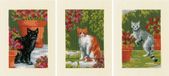 Vervaco Wenskaart kit - Poezen tussen bloemen set van 3