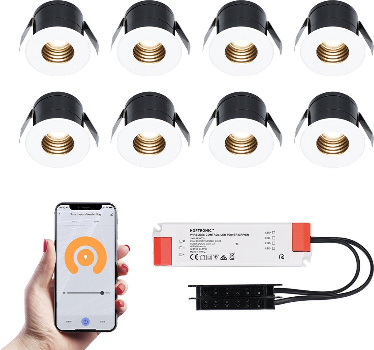 HOFTRONIC 8x Betty Smart LED Inbouwspots set - Wifi & Bluetooth - 12V - 3 Watt - 2700K warm wit