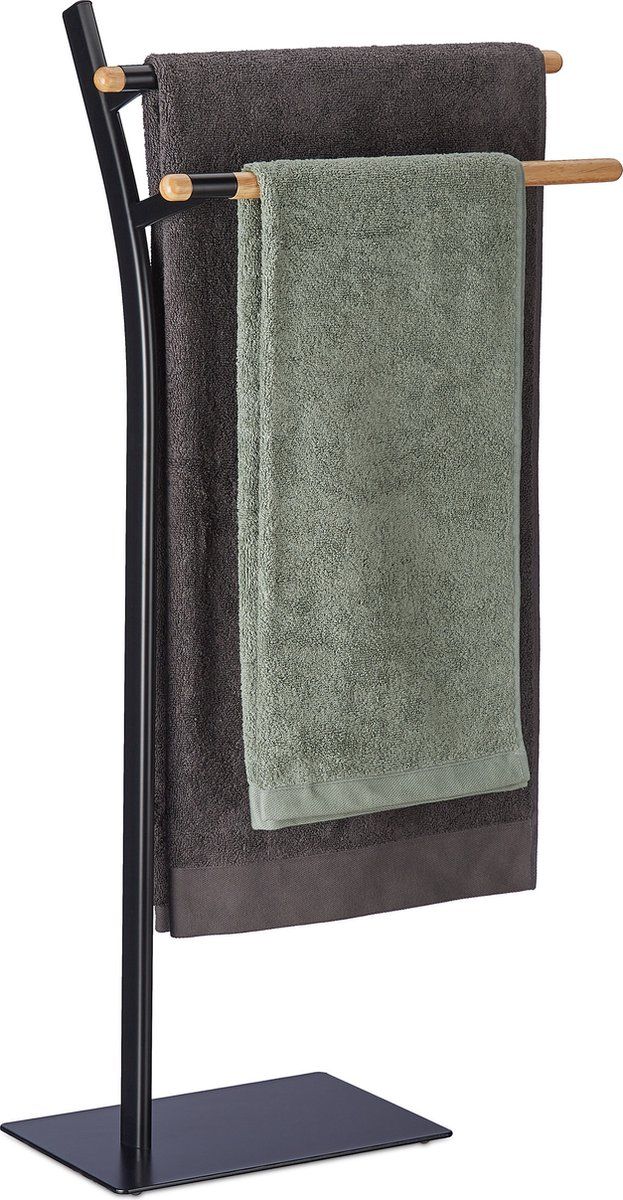Relaxdays handdoekenrek 2 stangen - handdoekhouder badkamer - handdoekenstandaard staal - zwart, Lichtbruin