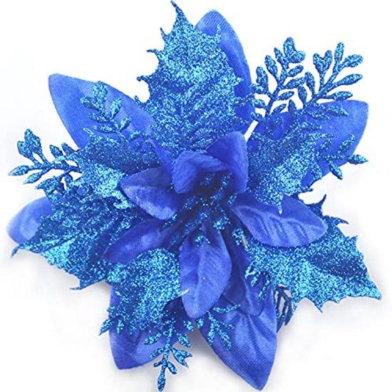 GL Turelfies 12 st. Glitter kerstbloemen (15 cm/5,9'') met 12 stuks. Clips Kunstmatige Poinsettia Bloemen Kerstboom Bloemdecoratie Kerstboomversieringen (Blauw)