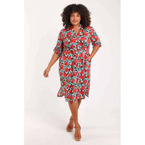 Paprika Gebloemde Blousejurk met Ceintuur, Plus Size - Rood