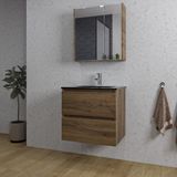 Saniclass Chaci Ensemble de meubles de salle de bain - 60x46x55cm - lavabo en céramique noir - 1 vasque - 1 trou de robinetterie - 2 tiroirs - meuble-miroir - noyer