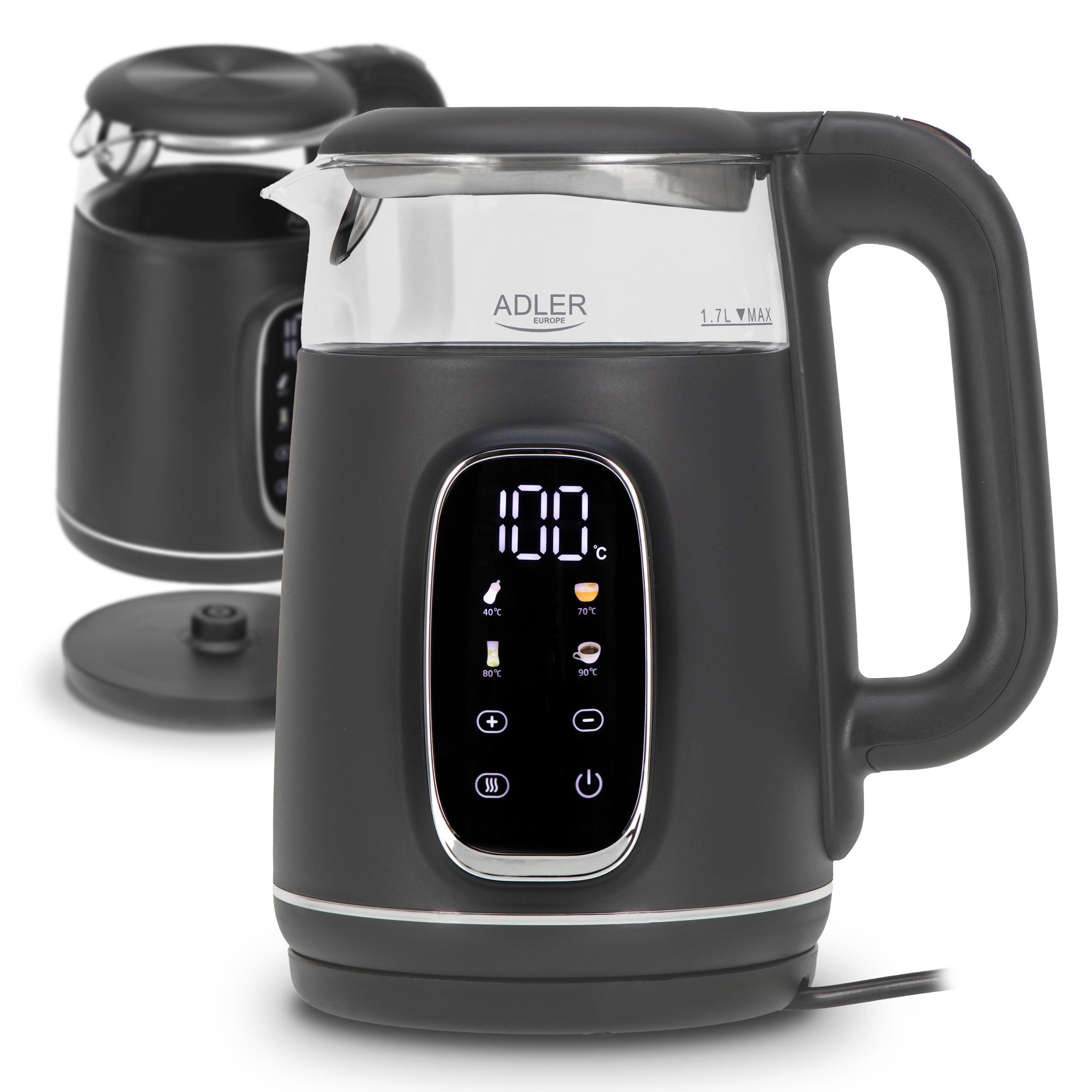 Adler glazen elektrische waterkoker met temperatuurregeling – 1,7 L – LED-display en touchbediening – 5 temperatuurprogramma’s – warmhoudfunctie – 2200 W