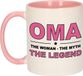Bellatio Decorations Oma the woman the myth the legend - cadeau koffiemok - beker - wit en roze - 300 ml - verjaardag / Moederdag - kado koffiemok / theebeker