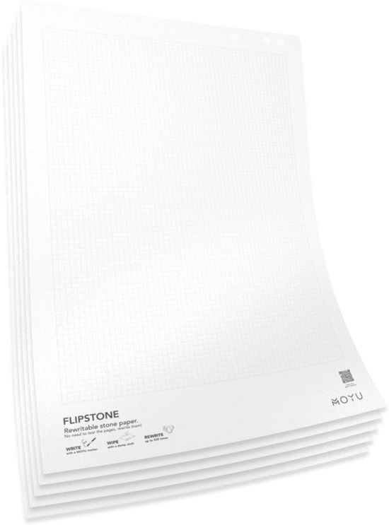 MOYU Uitwisbaar flipoverpapier van steenpapier - Ruitjes & blanco - 65 × 100 cm - 5 vellen