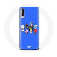 Maniacase Samsung Galaxy A70 Hoesje BTS BT21 Tata Chimmy Cooky Rj Koya Shooky en Mang Play Muziek Blauwe Achtergrond