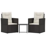 vidaXL 3-delige Loungeset met kussens, poly rattan, zwart