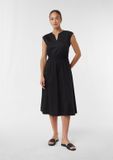 Comma - Robe mi-longue en popeline avec encolure en V et ceinture élastique - Noir - Taille 36