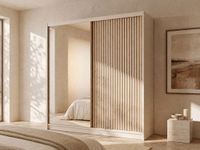 Vente-unique Kast met 2 schuifdeuren - Met spiegel - B203 cm - Kleur: Beige en naturel - CALOWI