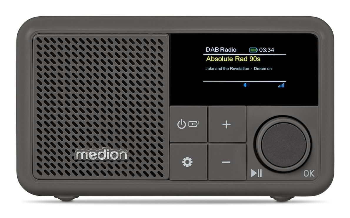 MEDION S66822 Draagbare mini DAB+ radio met Bluetooth (accu tot 6,5 uur, klein, dimbaar kleurendisplay, telescoopantenne, wekker, AUX, USB-C) grijs