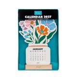 MR. WONDERFUL Bureaukalender met standaard 2027, bloemen, tafelkalender met houten sokkel en gestanste bladeren in bloemenvorm, internationale feestdagen, FSC-papier