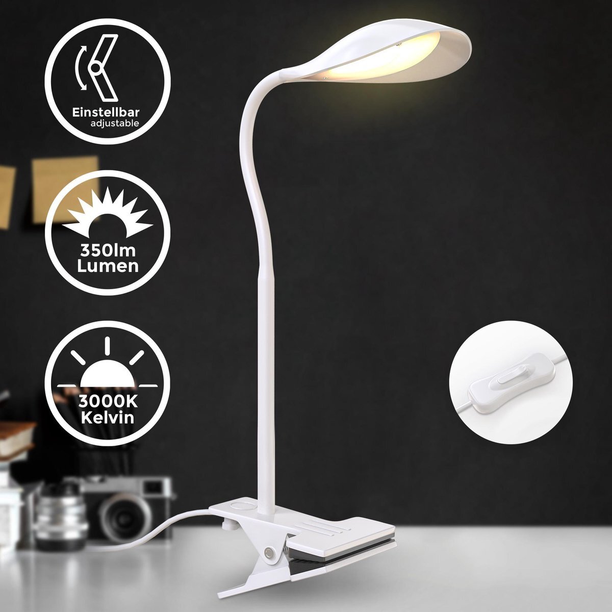 B.K.Licht - Klemlamp - bureaulamp - witte tafellamp - voor binnen - leeslamp - nachtlamp - met klem - 3.000K - 350Lm - 4.5W LED