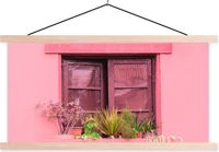 TextilePosters Posterhanger incl. Poster - Schoolplaat - Raam - Planten - Roze - Plantenbak - 150x75 cm - Blanke latten