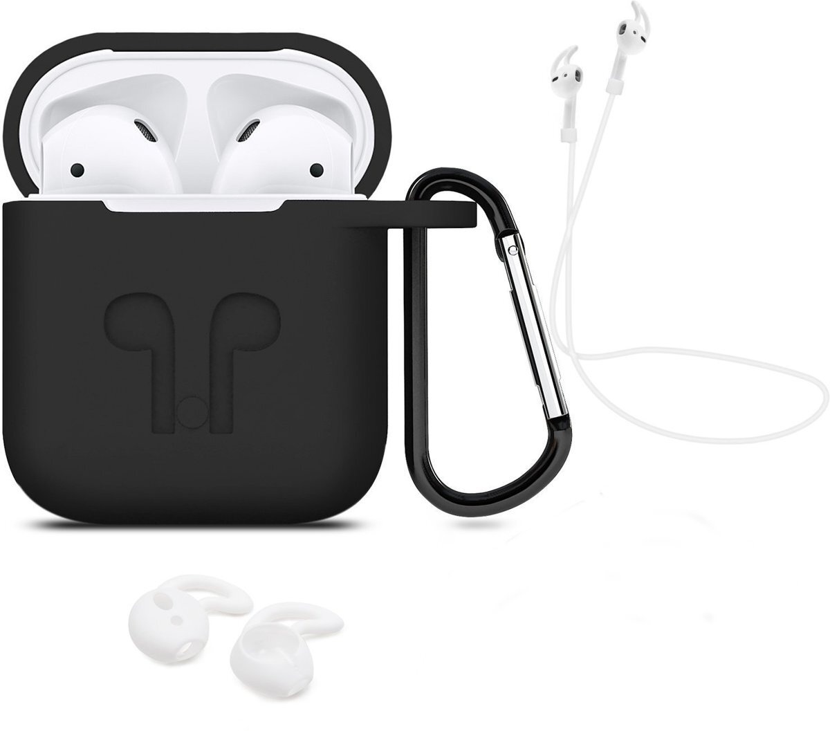 Jales 3 in 1 set Airpods hoesje siliconen case cover beschermhoes + strap + earhoox voor Apple Airpods - zwart