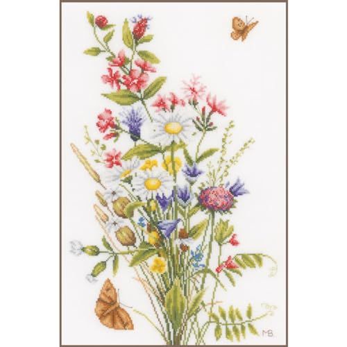 LANARTE Borduurpakket Kruissteek Schilderij VELDBLOEMEN Handwerkpakket voor Wanddecoratie 31 x 47 cm Borduurwerk met Telpatroon DIY Kit Moderne Kruissteek Cadeau Knutselen Voor Volwassenen