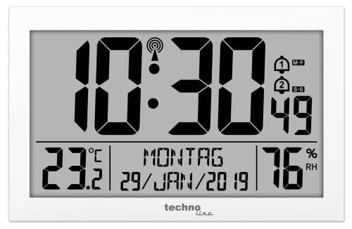 technoline WS 8016 Moderne, digitale draadloze wandklok met temperatuurweergave, kunststof, wit, 225 x 143 x 24 mm