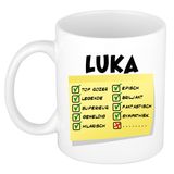 Bellatio Decorations Naam mok Luka - wit - top gozer - keramiek - 300 ml - cadeau collega beker