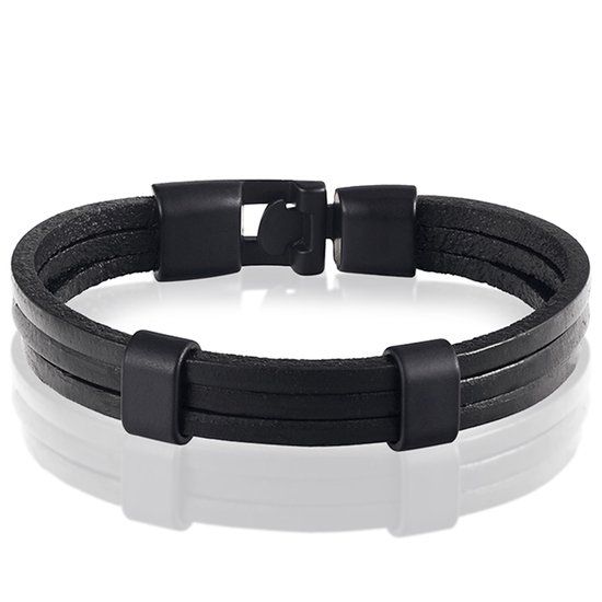 LGT JWLS LGT Jewels Heren Armband Zwart Leer Schuifgesp - 20cm