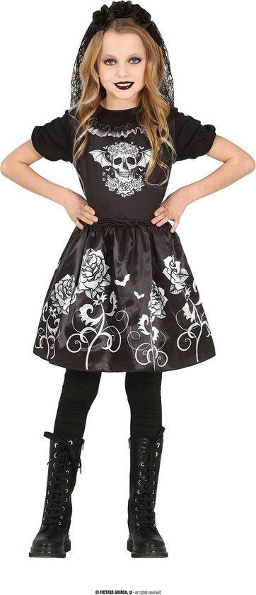 Guirca Lugubere Skelet Danseres Kostuum - Meisjes - Zwart/Wit/Beige - 7-9 jaar
