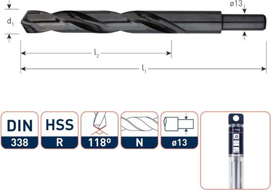 Rotec HSS-R spiraalboor, DIN 338, type N, d2=13, ø18,5