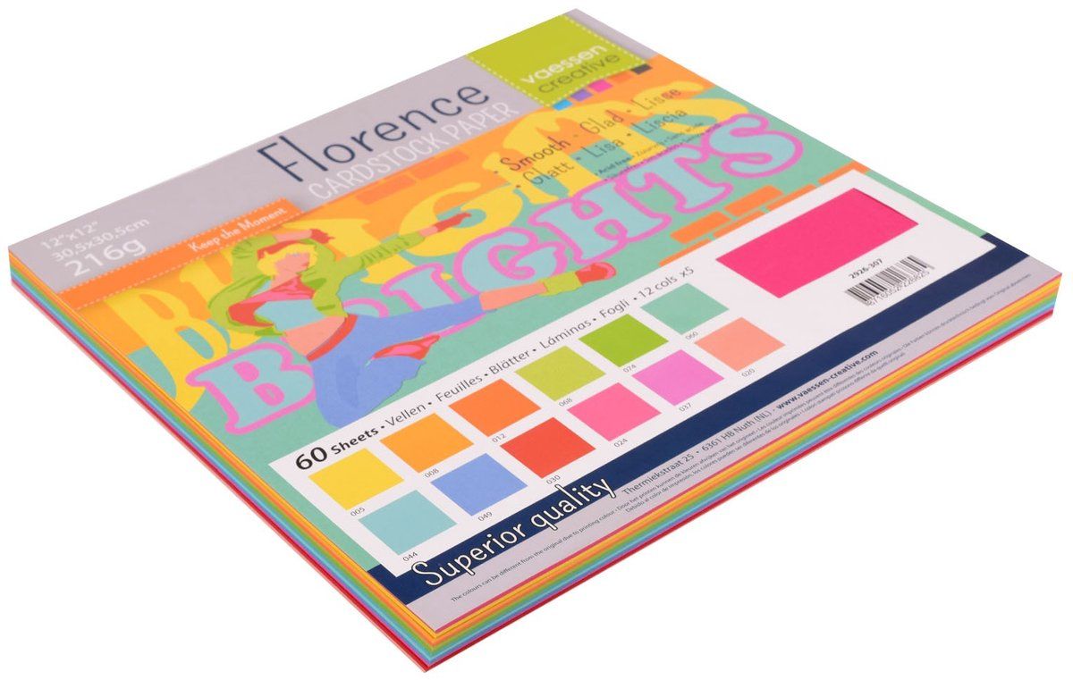 Vaessen Creative Florence Cardstock Papier, lichte kleuren, 216 g/m², vierkant, 30,5 x 30,5 cm, 60 stuks, glad, voor scrapbooking, kaarten maken, stansen en ander knutselwerk