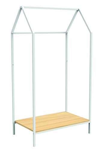 Box and Beyond Kledingrek en schoenen van metaal en grenen – huisvorm – 1 kledingstang / 1 rek – wit / natuur – 150 x 50 x 80 cm