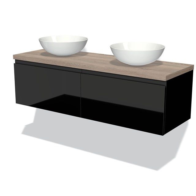 Maxaro Badkamermeubel Modulo Plato 140cm Hoogglans Zwart 2 Lades Greeploos Eiken Blad
