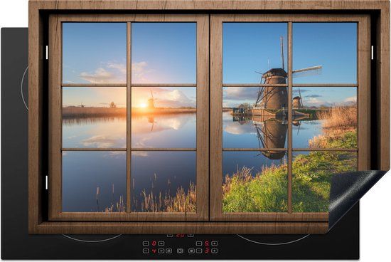 KitchenYeah® Inductie beschermer 81.2x52 cm - Doorkijk - Molen - Zonsondergang - Inductie kookplaat accessoire - Multicolor