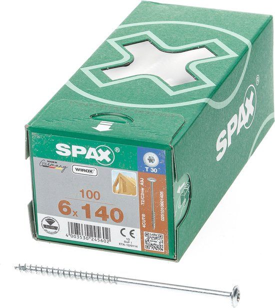 Spax houtbouwschroef 6,0 x 140 mm 100 stuks T-STAR plus platte kop gedeeltelijke schroefdraad 4CUT WIROX A3J 251010601405