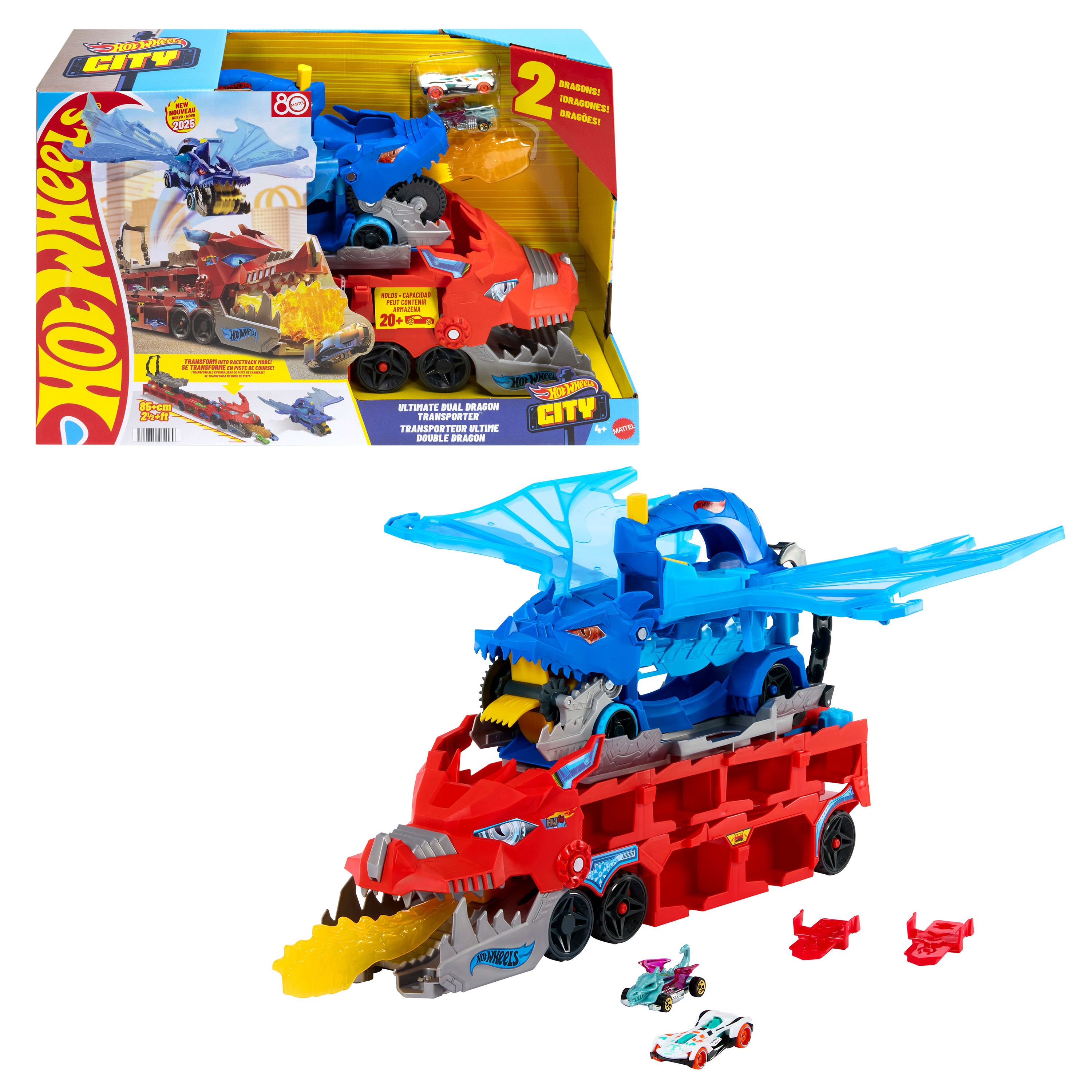 Hot Wheels City Ultieme Dubbele Draak Transportvoertuig en 2 speelgoedauto's