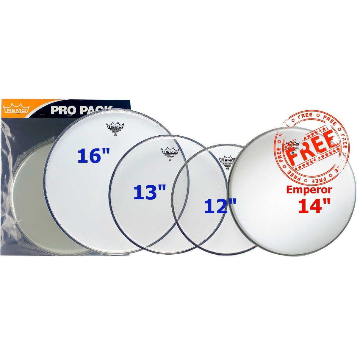 Remo ProPack Emperor Clear Drumheads 12-13-16 + 14 inch Coated