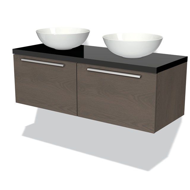 Maxaro Badkamermeubel Modulo Plato 120cm Donkerbruin Eiken 2 Lades Zwart Hoogglans Blad